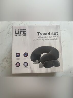 Travel Set - Gray Neck Pillow with Eye Mask & Earplugs